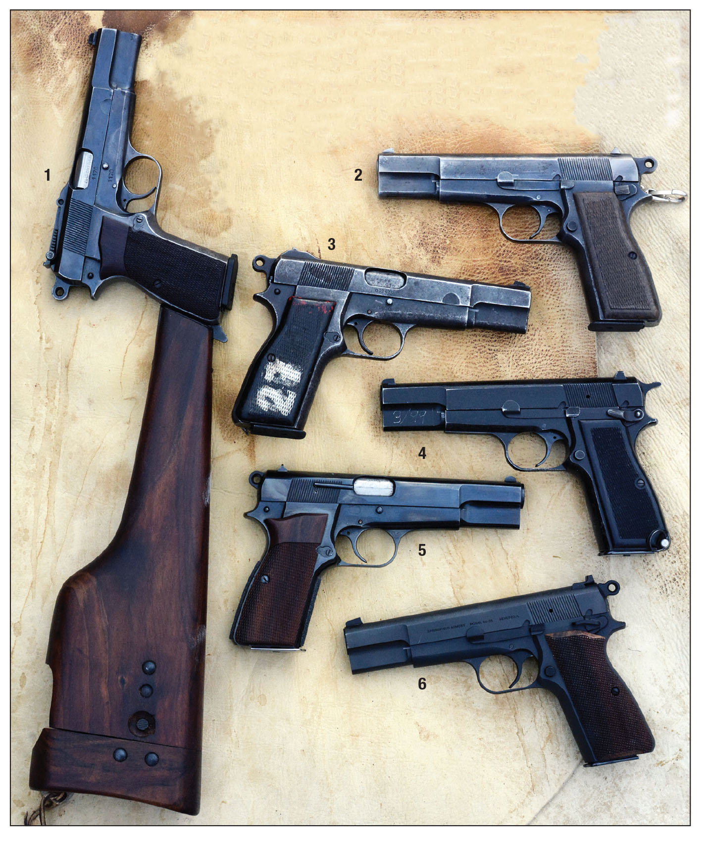 The (1) 1935 era 1st year production FN produced for Belgium Military with a shoulder stock, (2) a 1943 FN produced German Nazi issue, (3) a 1944 Inglis manufacture shipped to England for Special Operations Executive, (4) a 1990’s era FN produced MK III issued to Israeli Military, (5) an early 1970’s FN commercial and (6) a 2023 Springfield Armory SA-35, U.S. produced.